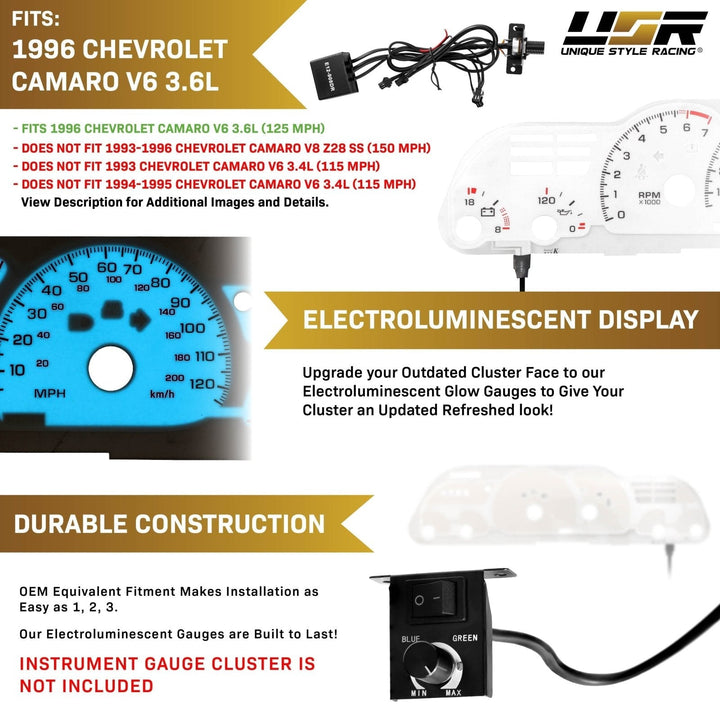 1993 - 1997 Chevrolet Chevy Camaro White Gauge Face Blue/Green Glow for Instrument Cluster