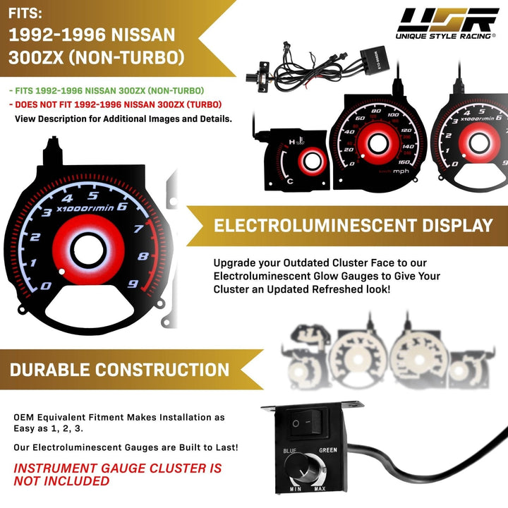 1992 - 1996 Nissan 300ZX 300 ZX NONTURBO Black Gauge Face Red Glow Gauge for Instrument Cluster