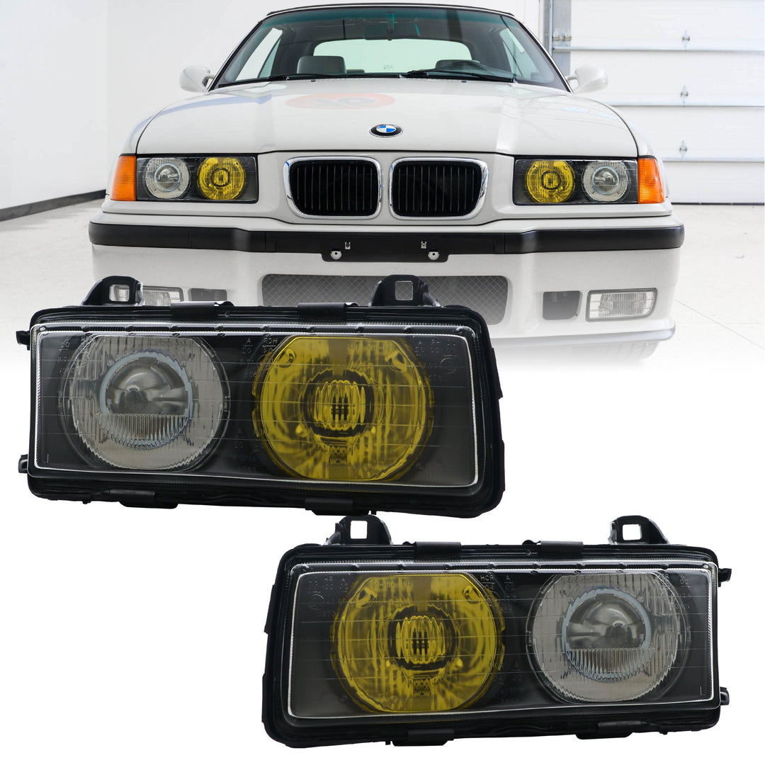 1992-1999 BMW E36 3 Series Yellow High Clear Low Glass Lens Hella Euro Ellipsoid Projector Headlight - Made by DEPO