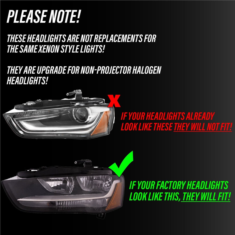 2013 - 2016 Audi A4 B8 Sedan / Wagon Black Housing LED DRL S4 Projector Style Headlights