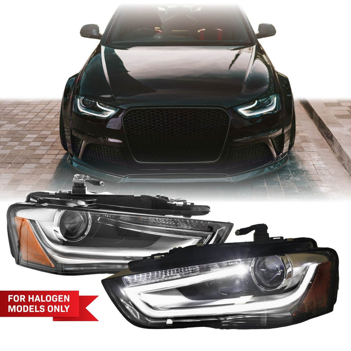 2013 - 2016 Audi A4 B8 Sedan / Wagon Black Housing LED DRL S4 Projector Style Headlights