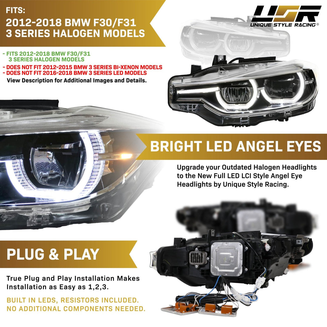 2012 - 2018 BMW F30 / F31 3 Series 4D Sedan / 5D Wagon LCI Style Angel Eye Halo Rings Full LED Headlight Upgrade