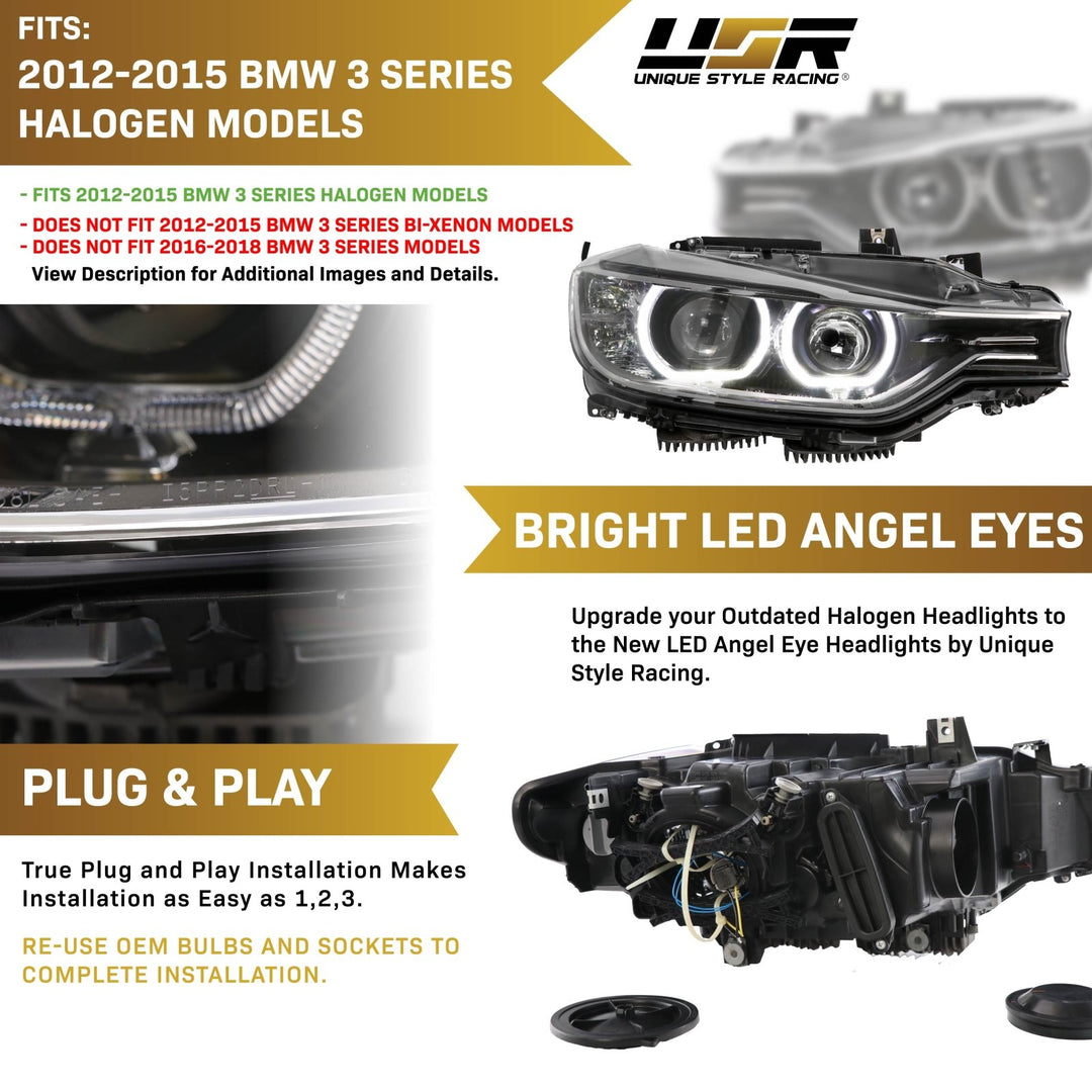 2012 - 2015 BMW F30 / F31 3 Series 4D Sedan / 5D Wagon Black LED Angel Eyes Halo Rings Projector Headlight