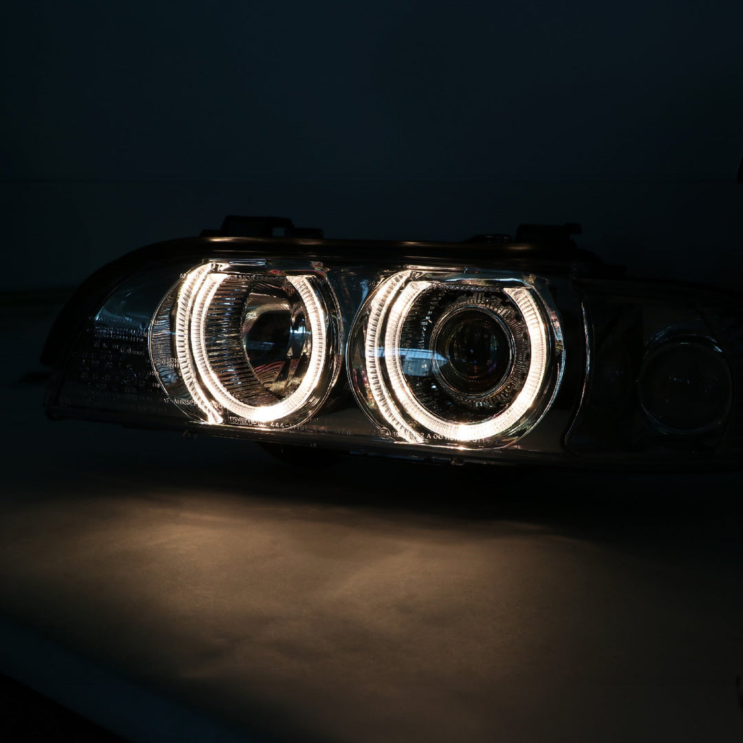 1997-2000 BMW E39 5 Series Halogen Angel Eye Halo Projector Chrome Housing Headlight For Factory Xenon Models