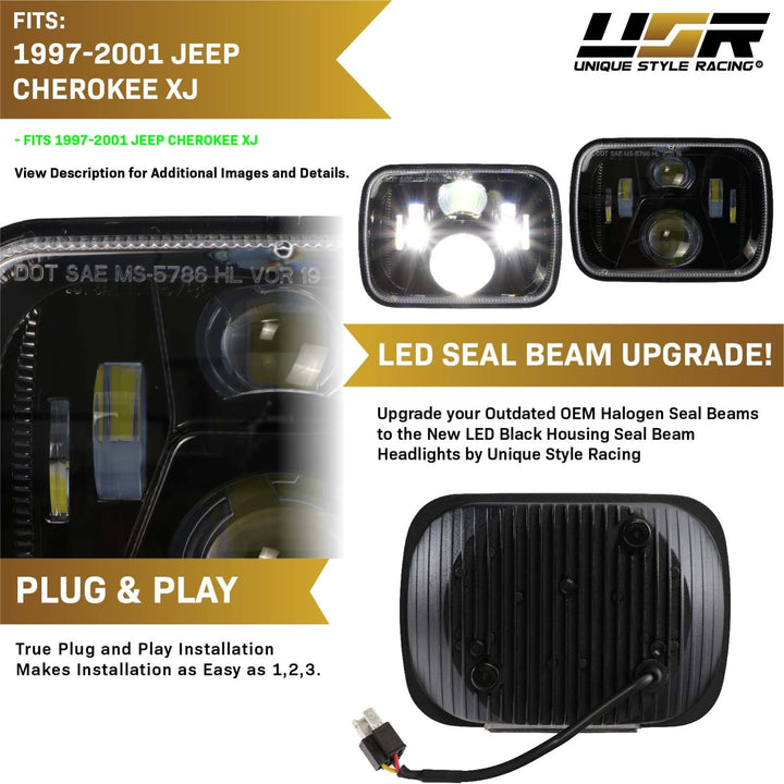 1997 - 2001 Jeep Cherokee XJ 7x6 H6054 / H6052 Black Housing LED Projector Sealed Beam Headlight