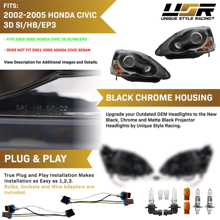 2002 - 2005 Honda Civic 3D Si / HB / EP3 DM Black Housing Clear Lens Projector Headlight