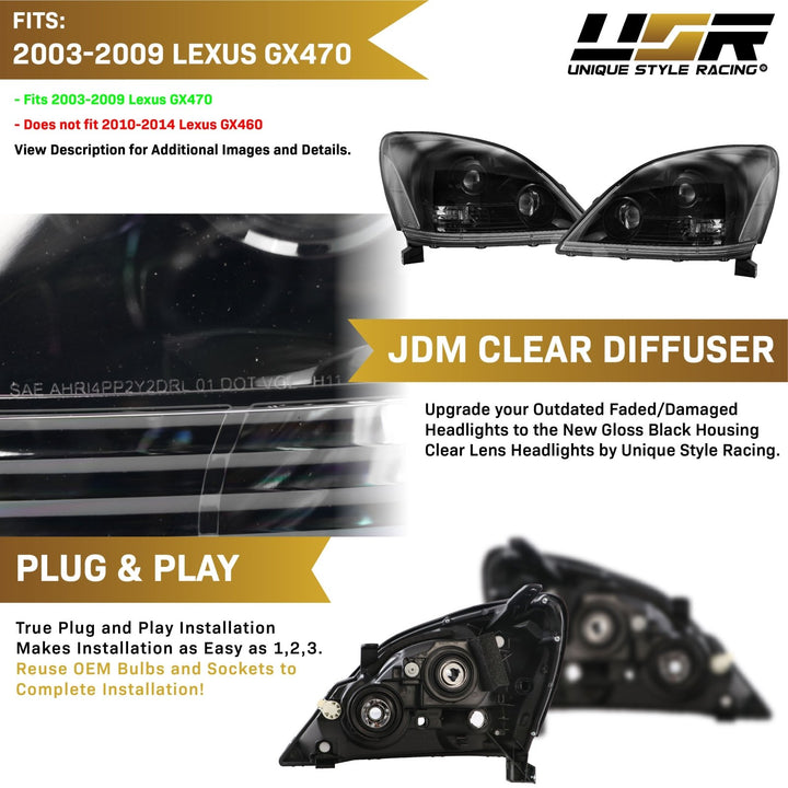 2003 - 2009 Lexus GX470 Gloss Black Housing with Clear Reflector Headlight