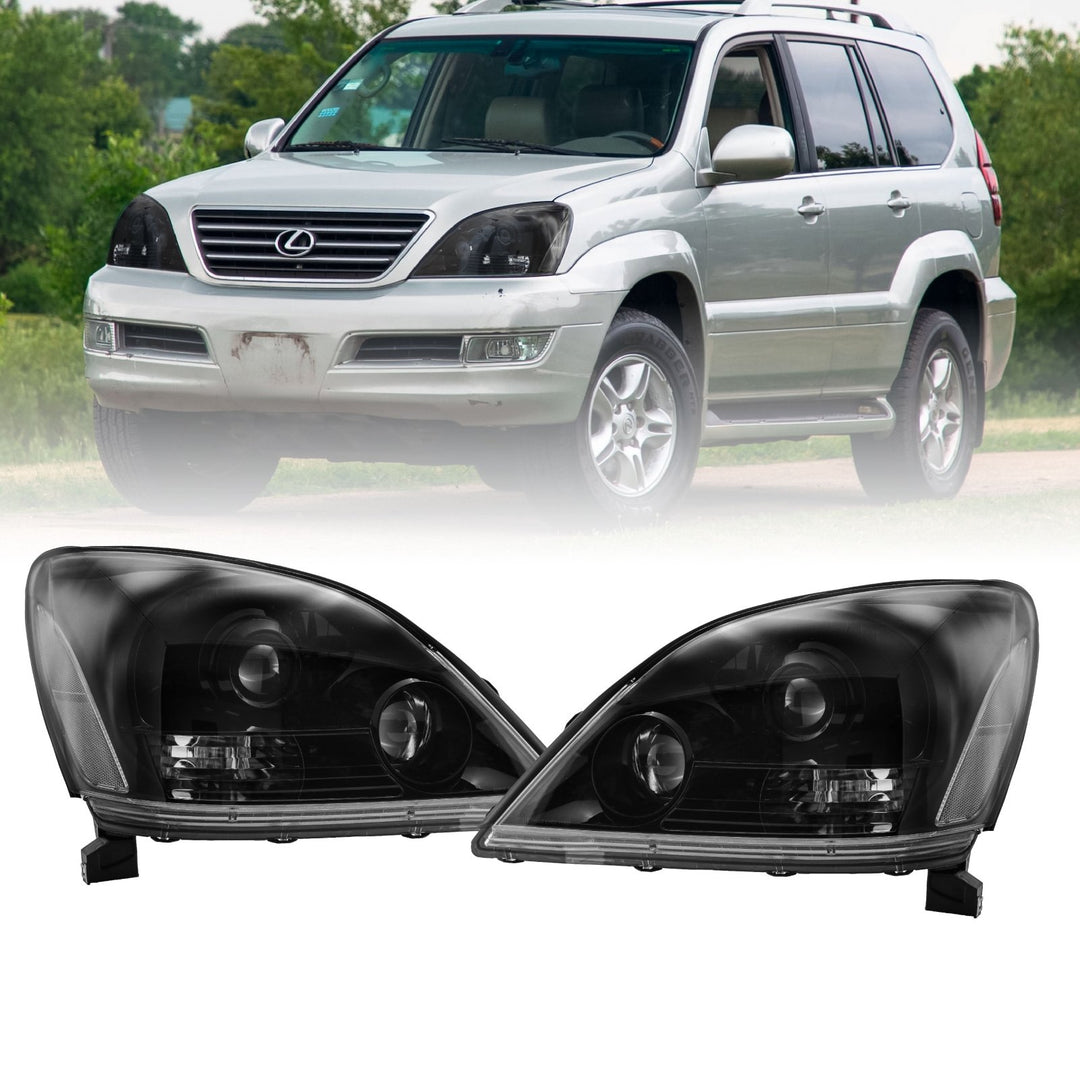 2003 - 2009 Lexus GX470 Gloss Black Housing with Clear Reflector Headlight