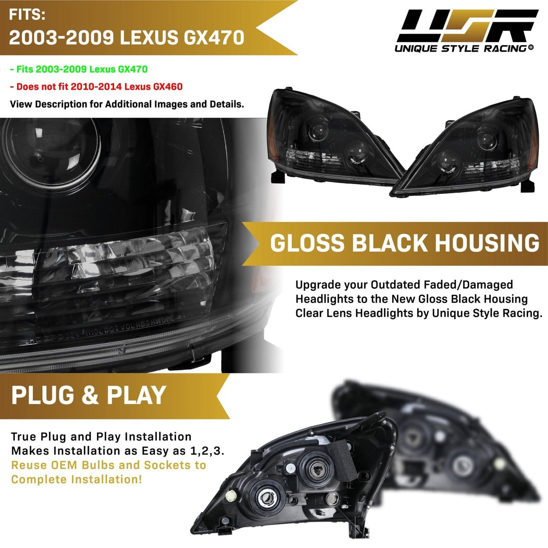 2003 - 2009 Lexus GX470 Gloss Black Housing Clear Lens Headlight