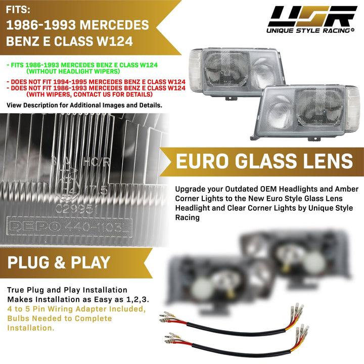 1986 - 1993 Mercedes Benz W124 E Class Euro Headlights with Corner Lights and Wiring Included