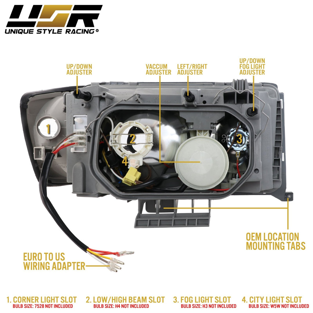 1986 - 1993 Mercedes Benz W124 E Class Euro Headlights with Corner Lights and Wiring Included