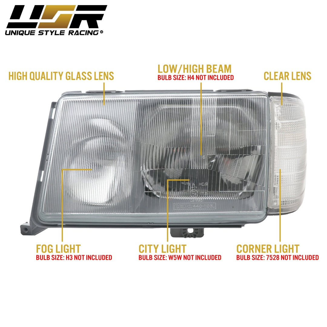 1986 - 1993 Mercedes Benz W124 E Class Euro Headlights with Corner Lights and Wiring Included