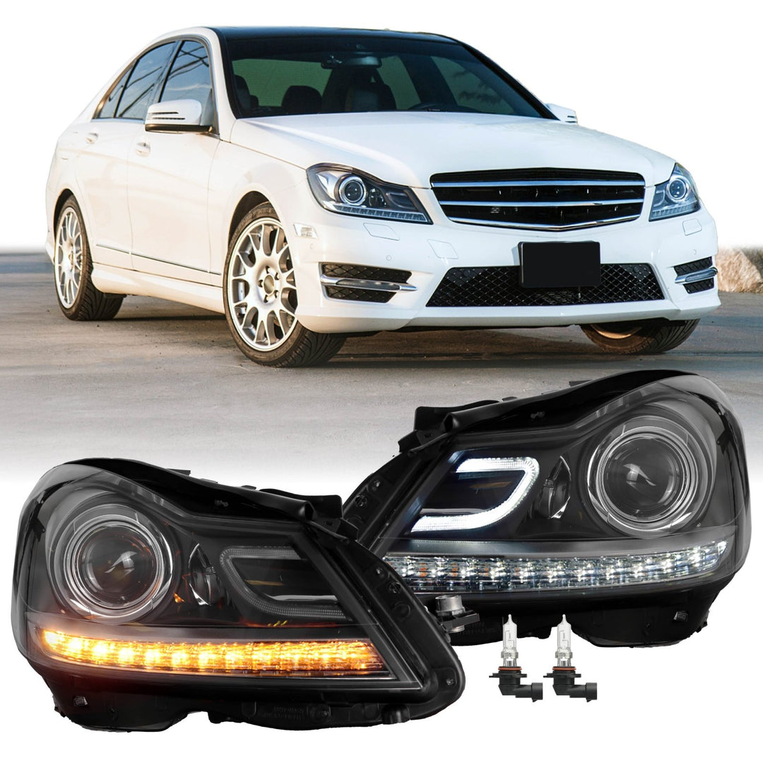 2012 - 2014 Mercedes Benz C Class W204 USR Edition Projector Headlight w/ White LED Strip DRL & Switchback Amber LED Turn Signal Halogen Model