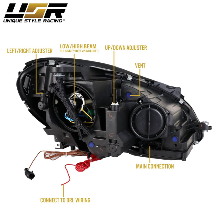 2012 - 2014 Mercedes Benz C Class W204 USR Edition Projector Headlight w/ White LED Strip DRL & Switchback Amber LED Turn Signal Halogen Model