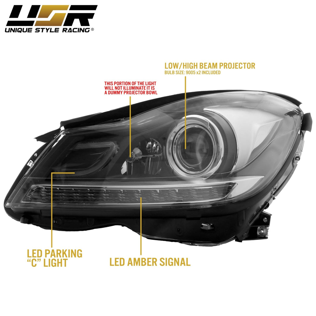 2012 - 2014 Mercedes Benz C Class W204 USR Edition Projector Headlight w/ White LED Strip DRL & Switchback Amber LED Turn Signal Halogen Model