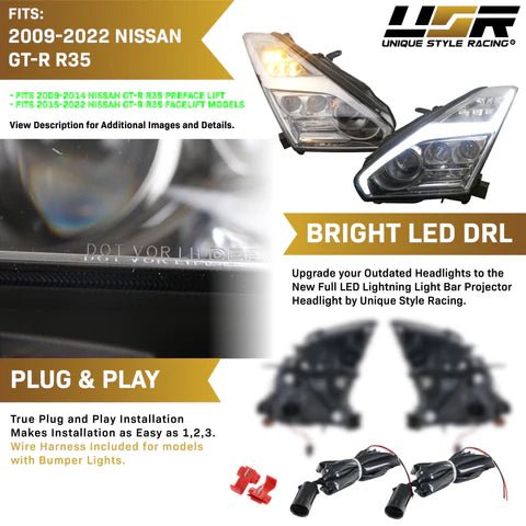 2009 - 2019 Nissan GTR / GTR R35 OEM Facelift Style DRL Lightning Bar Full LED Projector Headlight