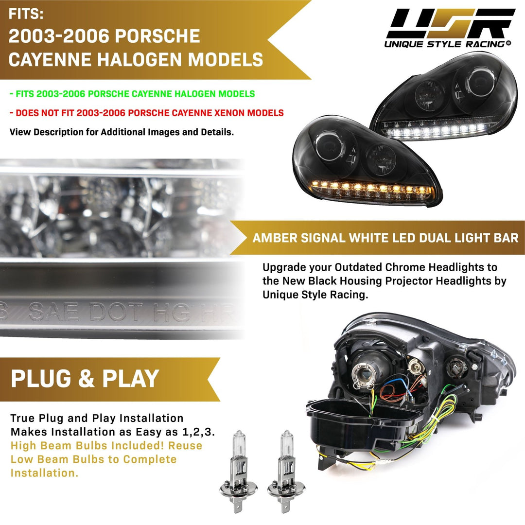 2003 - 2006 Porsche Cayenne 955 9PA Black Projector Headlights For Factory Halogen Models