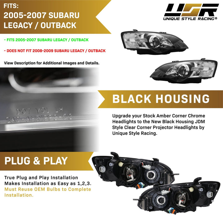 2005 - 2007 Subaru Legacy / Outback JDM Black/Clear Projector Headlights