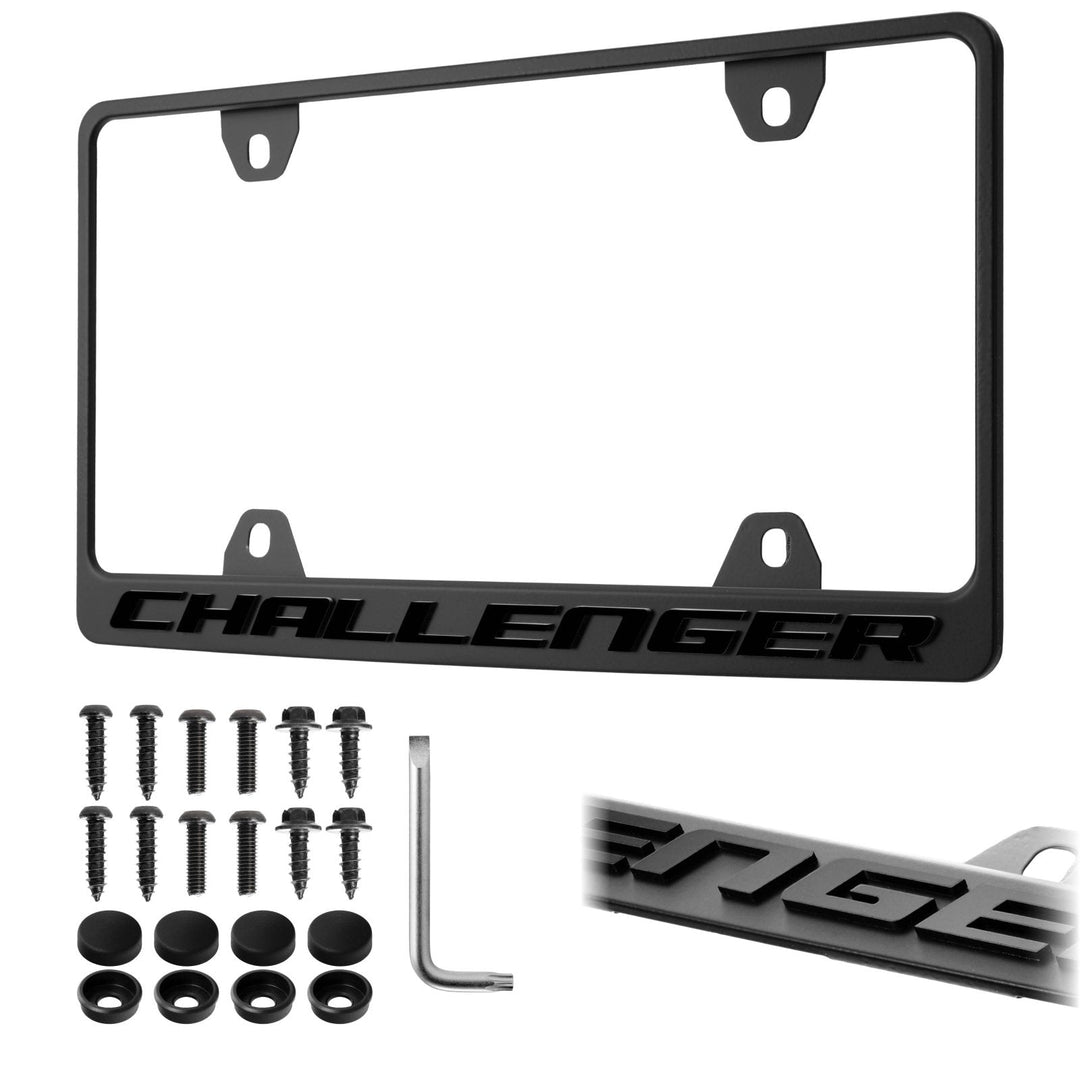 Dodge Challenger Stealth Black Powder Coat License Plate Frame with 3D Raised Letters