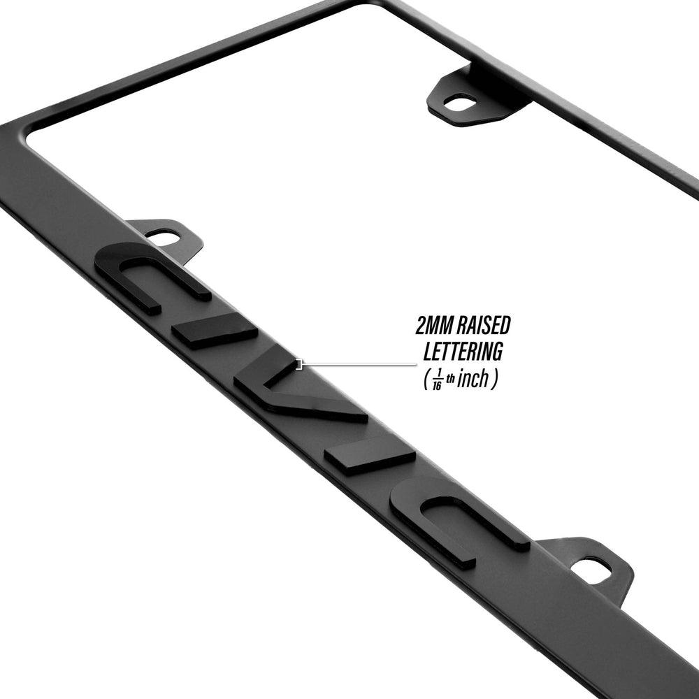 Honda Civic Stealth Black Powder Coat License Plate Frame with 3D Raised Letters