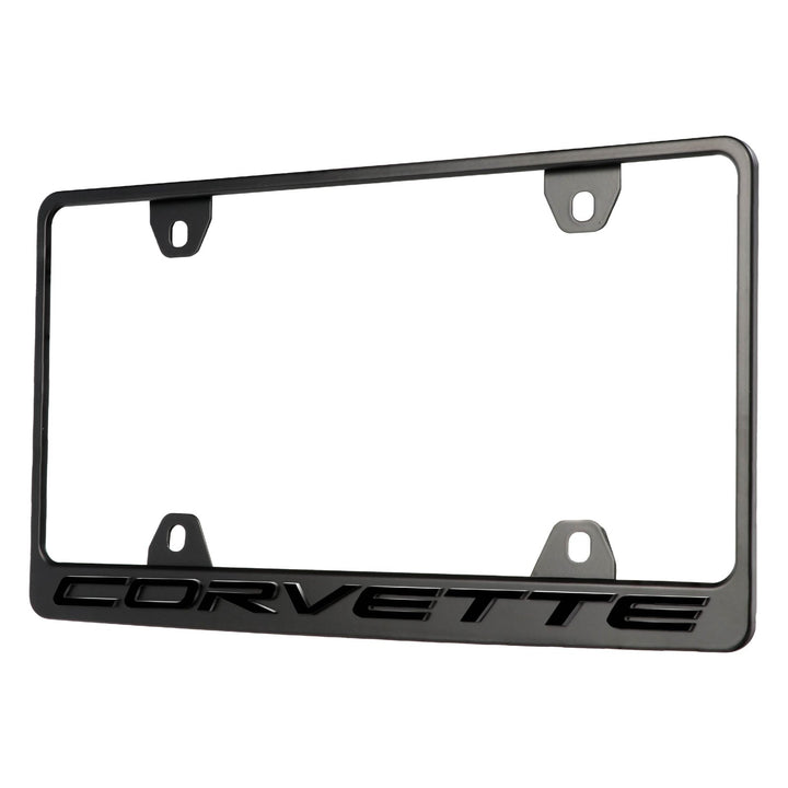 1953 - 2025 Chevy Chevrolet Corvette Stealth Black Powder Coat License Plate Frame with 3D Raised Letters