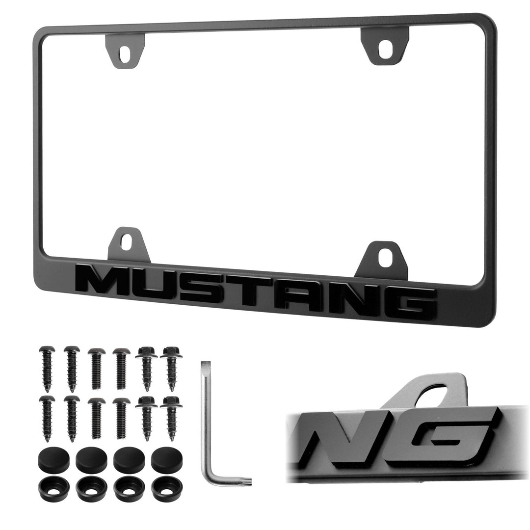 Ford Mustang Stealth Black Powder Coat License Plate Frame with 3D Raised Letters