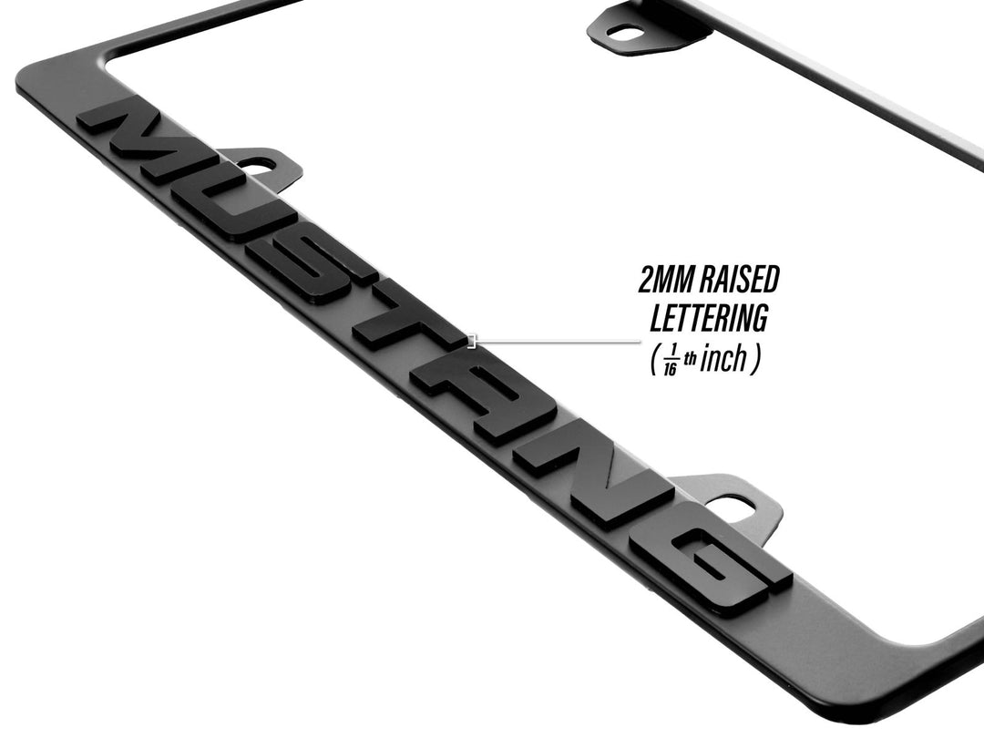 Ford Mustang Stealth Black Powder Coat License Plate Frame with 3D Raised Letters