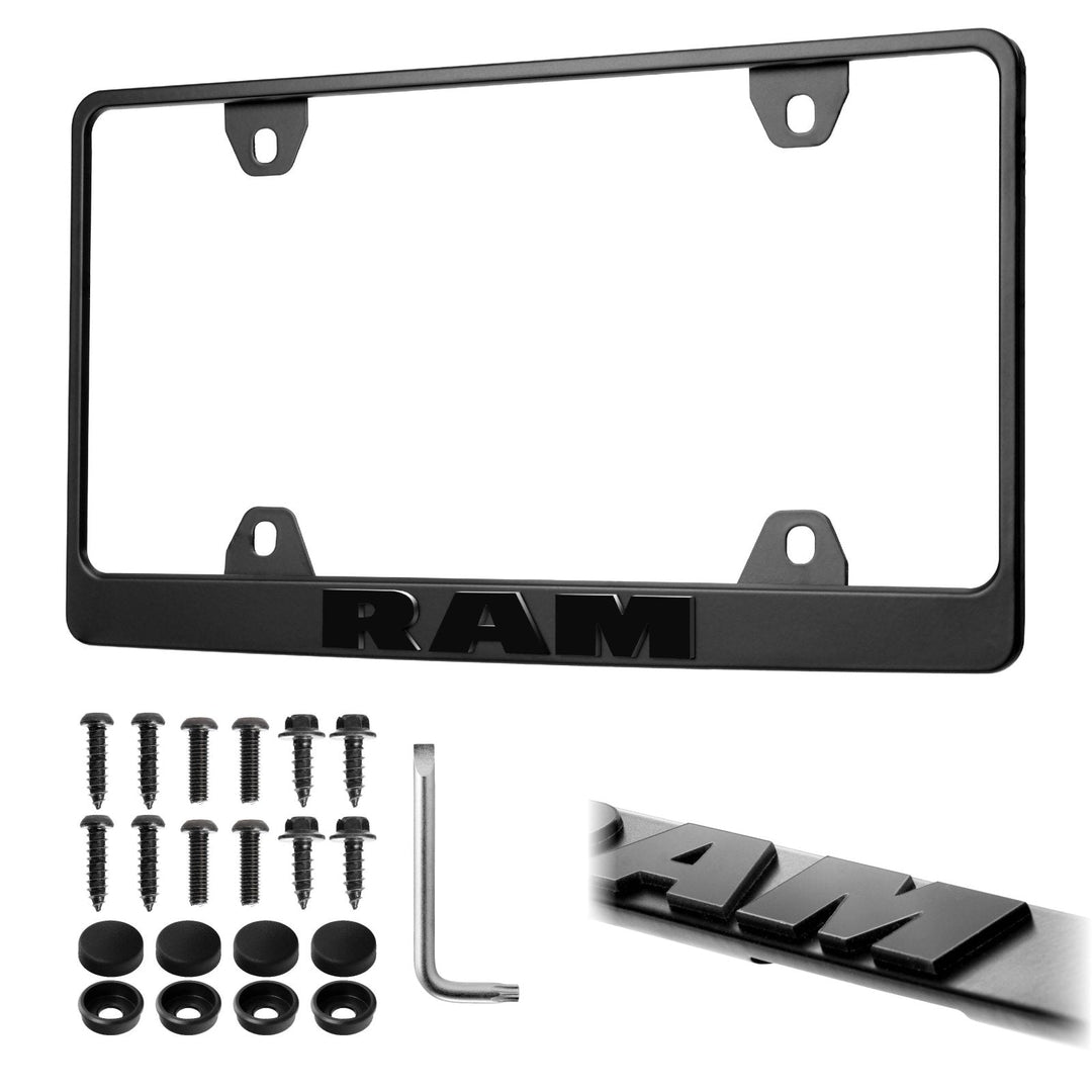 Dodge Ram Stealth Black Powder Coat License Plate Frame with 3D Raised Letters