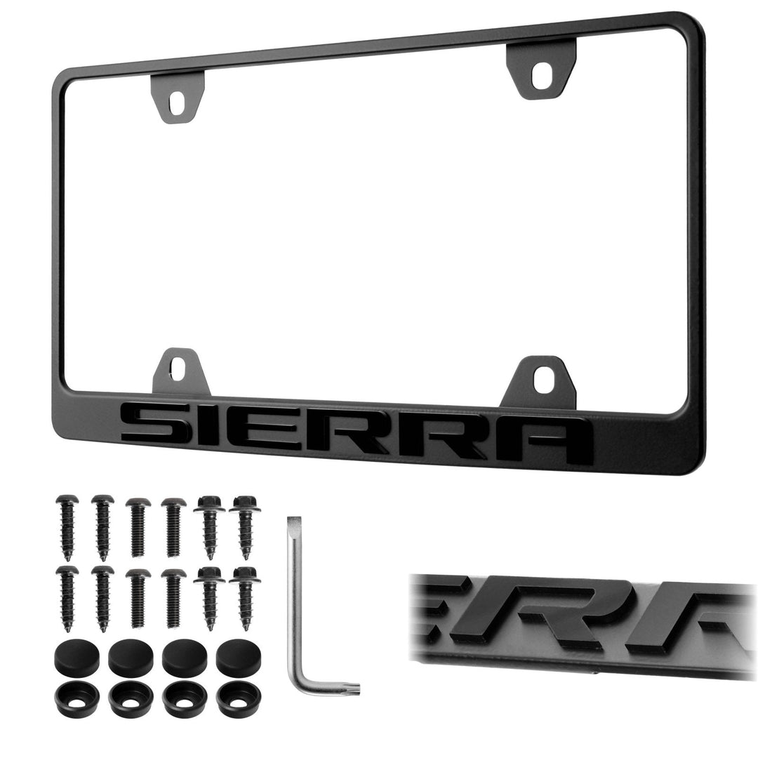 GMC Sierra Pick Up Truck Stealth Black Powder Coat License Plate Frame with 3D Raised Letters