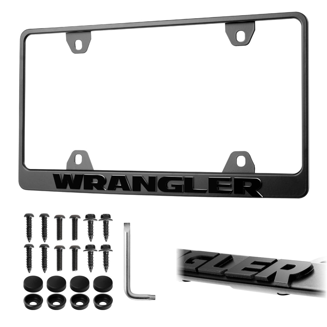 1987 - 2025 Jeep Wrangler SUV Stealth Black Powder Coat License Plate Frame with 3D Raised Letters