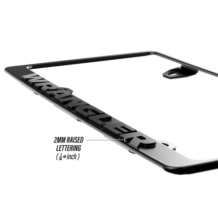 1987 - 2025 Jeep Wrangler SUV Stealth Black Powder Coat License Plate Frame with 3D Raised Letters