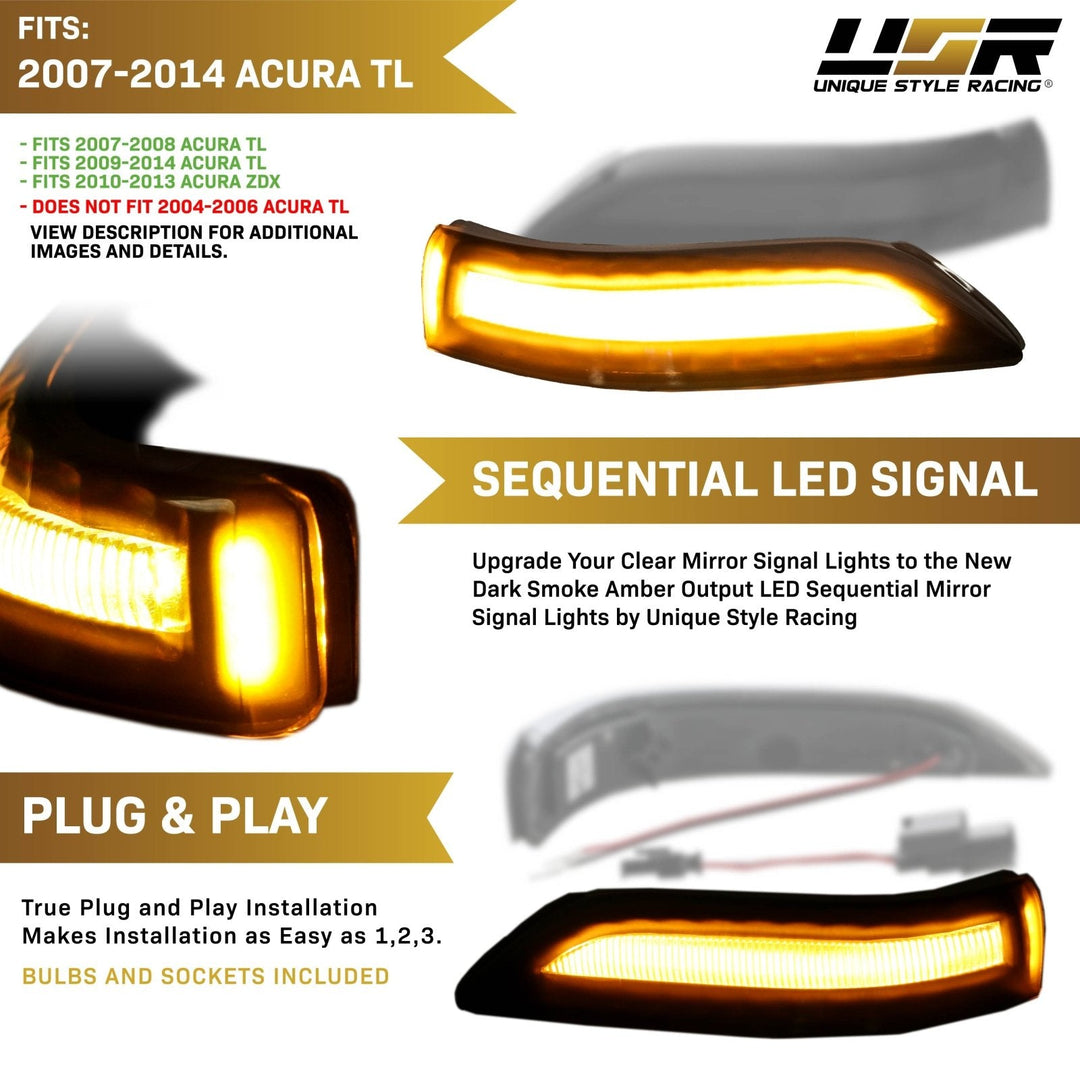 2007 - 2014 Acura TL / 2010 - 2012 Acura ZDX Dark Smoke Lens Sequential Amber LED Mirror Signal Lights