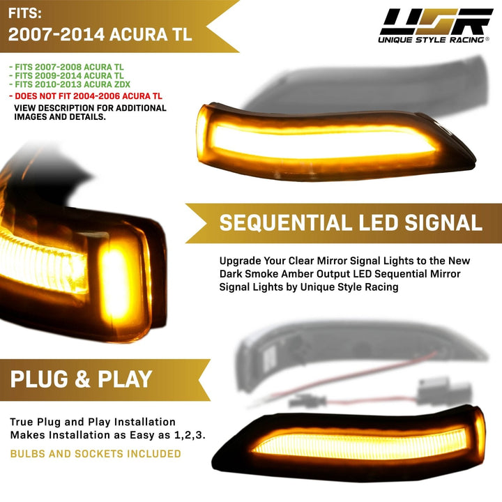 2007 - 2014 Acura TL / 2010 - 2012 Acura ZDX Dark Smoke Lens Sequential Amber LED Mirror Signal Lights