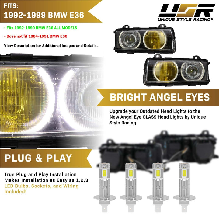 1992 - 1999 BMW E36 3 Series Yellow High Clear Low Glass Lens Hella Euro Ellipsoid Projector Headlight