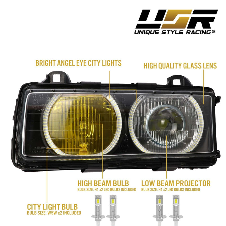 1992 - 1999 BMW E36 3 Series Yellow High Clear Low Glass Lens Hella Euro Ellipsoid Projector Headlight