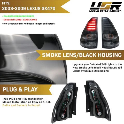 2003 - 2009 Lexus GX470 JDM Style Matte Black Housing with Light Smoke Lens LED Tail Lights