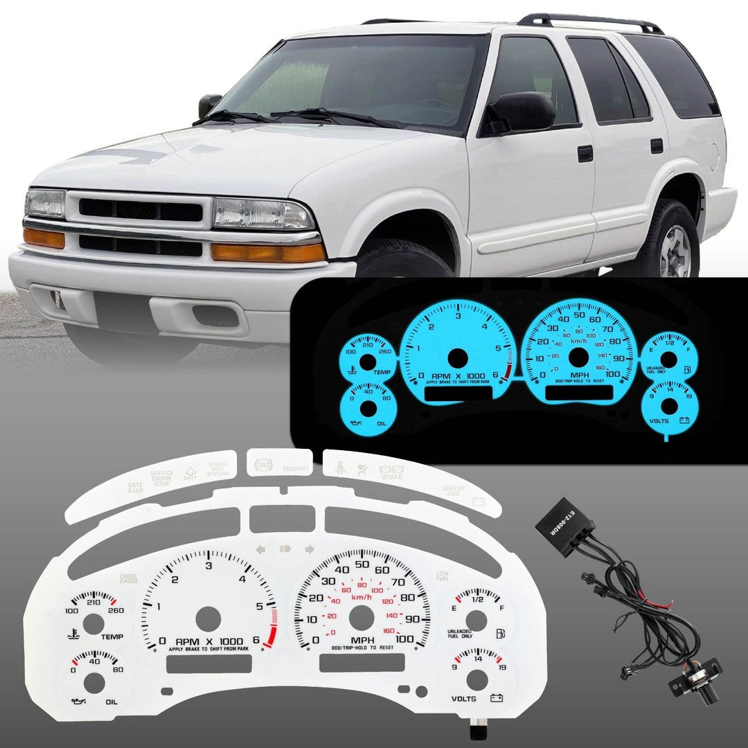 1998 - 2004 Chevrolet Chevy S10 WITH Tach/RPM White Face Blue/Green Glow Gauge Face for Instrument Cluster