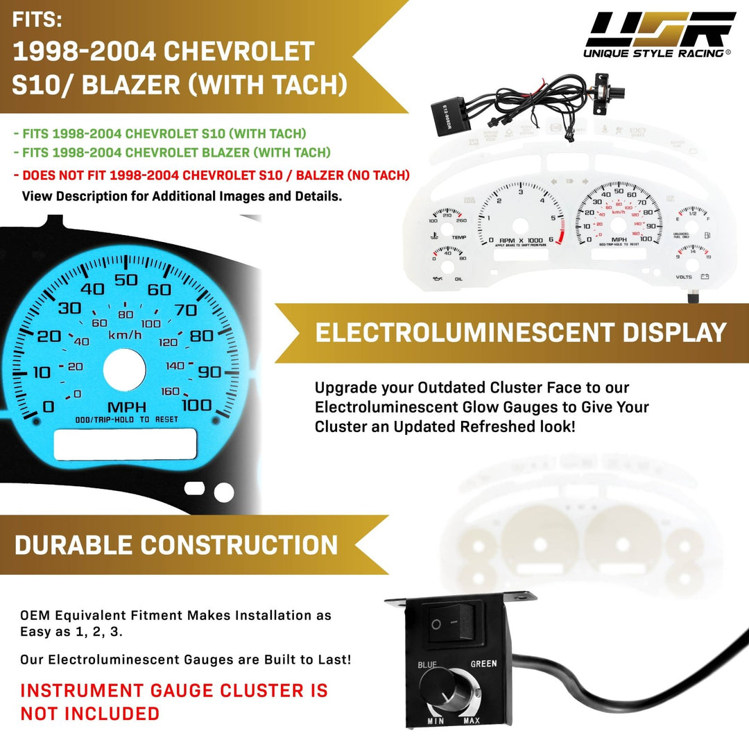 1998 - 2004 Chevrolet Chevy S10 WITH Tach/RPM White Face Blue/Green Glow Gauge Face for Instrument Cluster