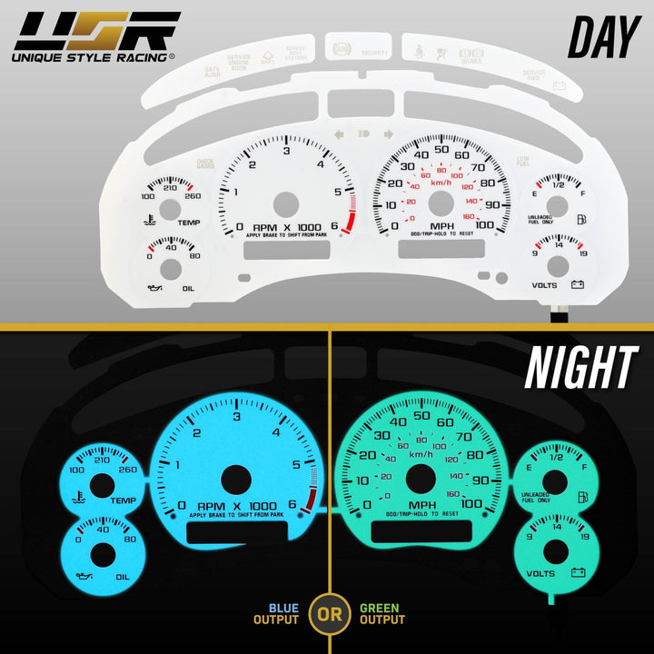 1998 - 2004 Chevrolet Chevy S10 WITH Tach/RPM White Face Blue/Green Glow Gauge Face for Instrument Cluster