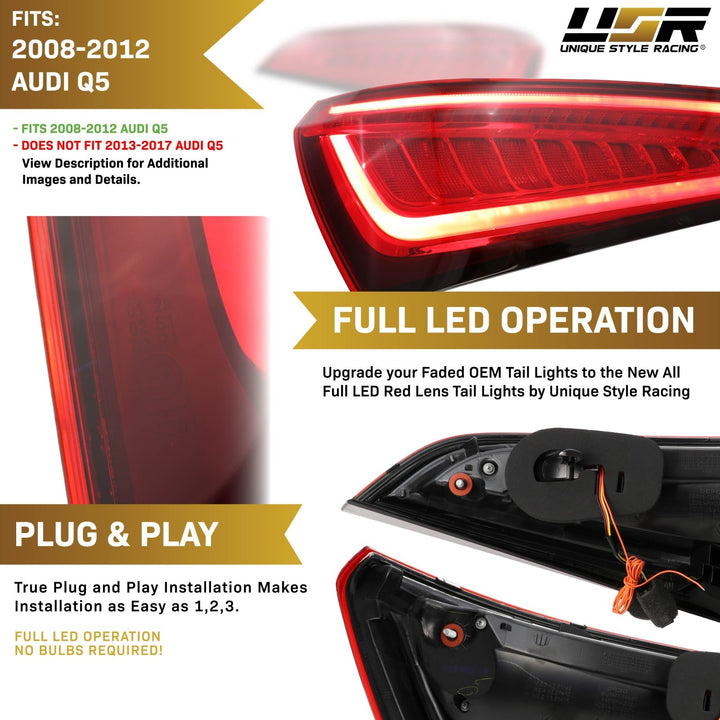 2008 - 2012 Audi Q5 Facelift Style Red Clear Lens FULL LED Upgrade Tail Lights