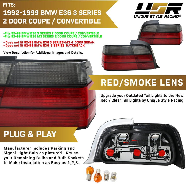 1992 - 1999 BMW E36 3 Series Coupe / Cabrio Euro Red/Clear or Red/Smoke Tails Lights