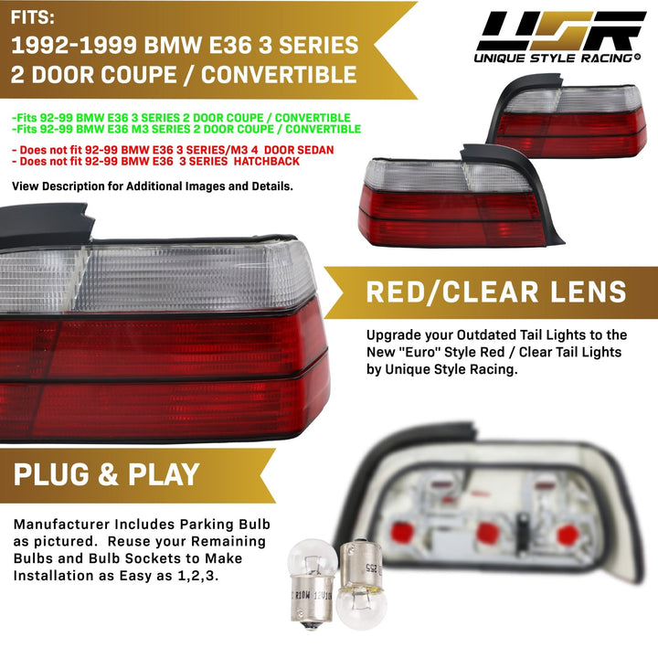 1992 - 1999 BMW E36 3 Series Coupe / Cabrio Euro Red/Clear or Red/Smoke Tails Lights