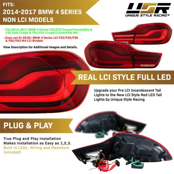 2014 - 2017 BMW 4 Series 18+ LCI OE Style LED Light Bar Red Lens 4 Piece Tail Light