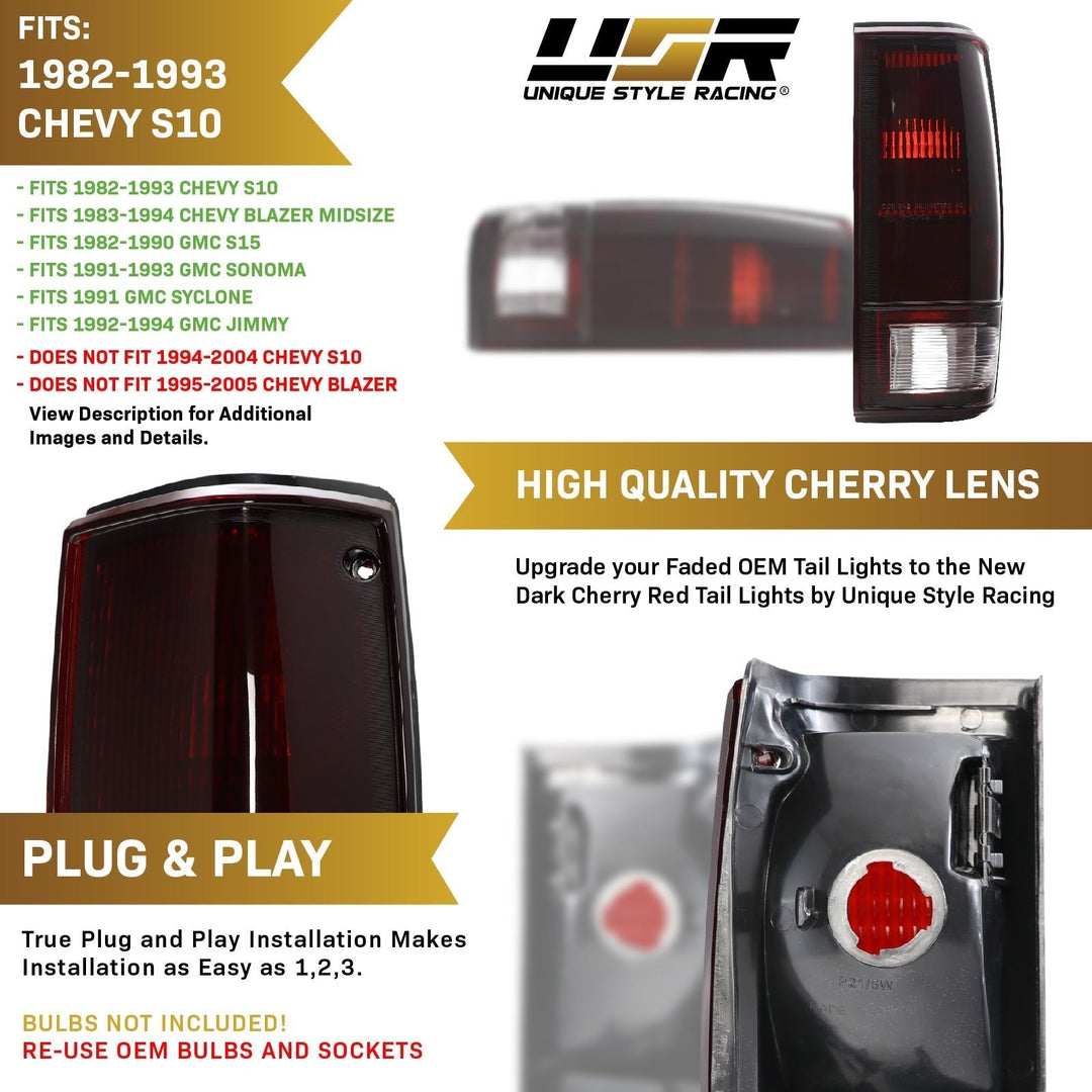 1982 - 1993 Chevrolet Chevy S - 10 & Blazer / 1982 - 1993 GMC S15 & Sonoma Dark Red Smoke Lens Tail Lights