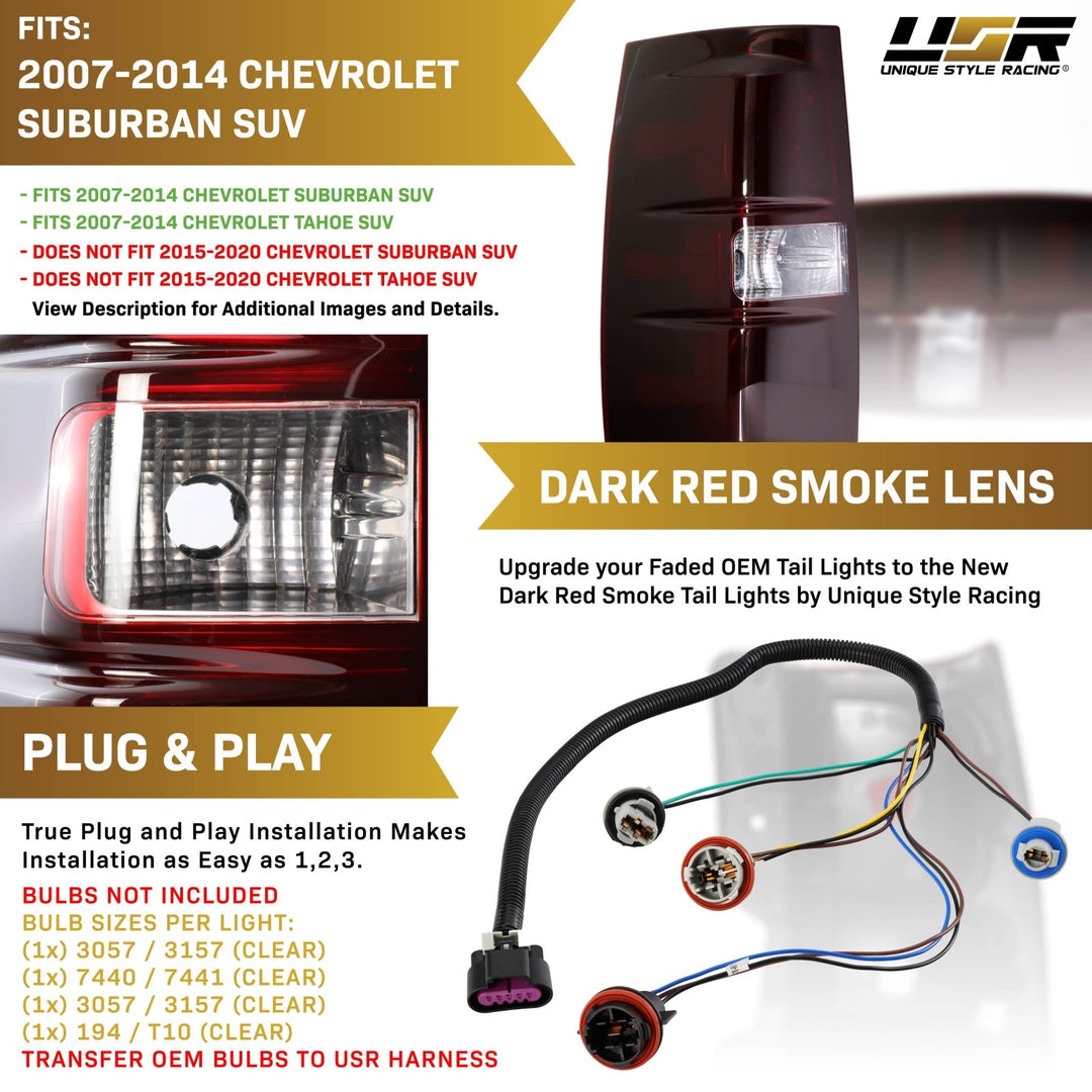 2007 - 2014 Chevrolet Suburban & Tahoe Dark Smoke Red Lens Tail Lights