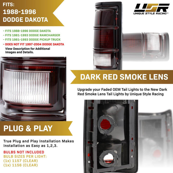 1988 - 1996 Dodge Dakota Pickup Truck Dark Red Smoked Lens Tail Lights