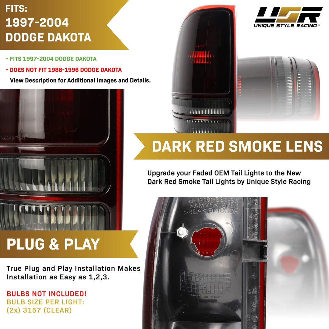 1998 - 2004 Dodge Dakota Pickup Truck Dark Red Smoked Lens Tail Lights