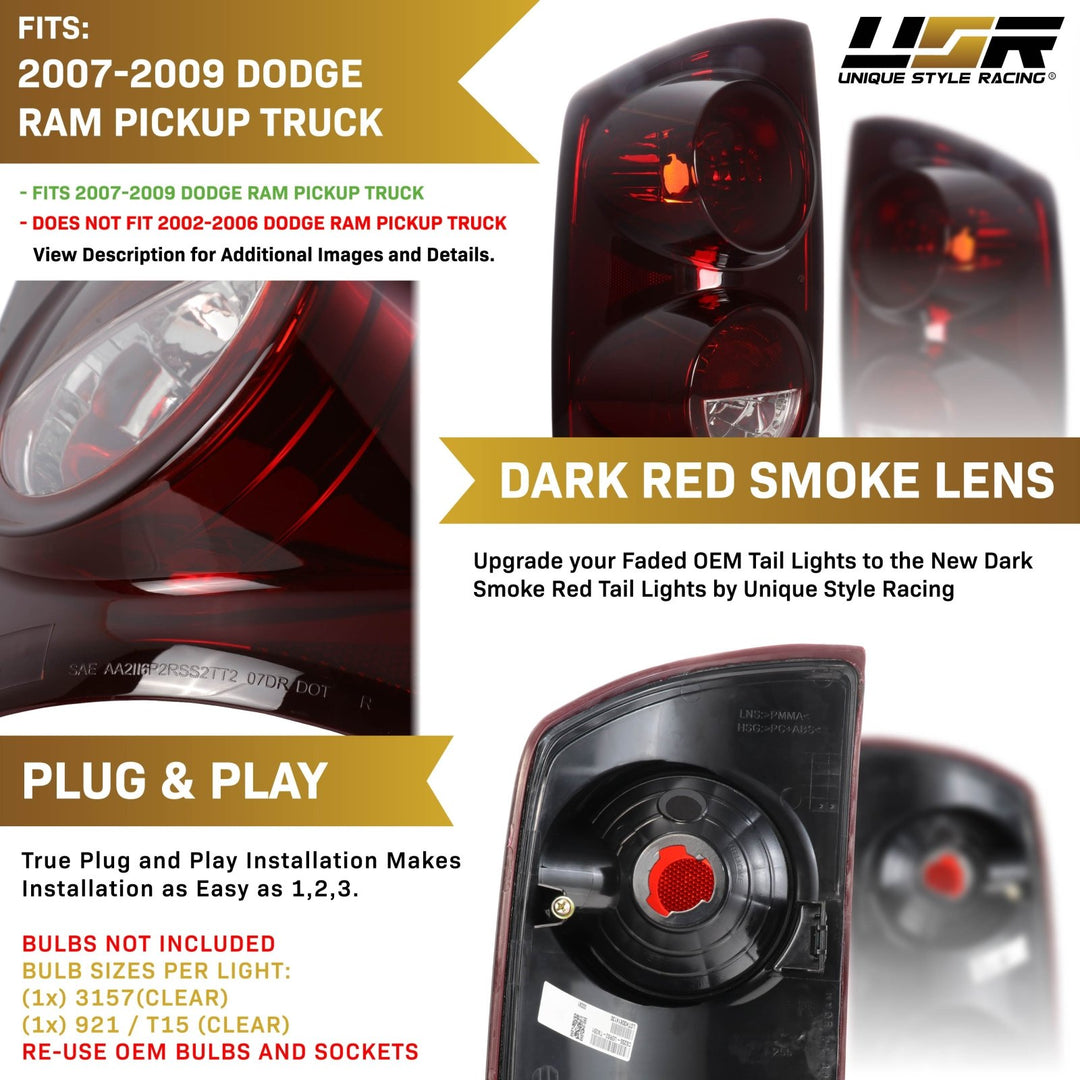 2007 - 2008 Ram Pick Up Truck 1500 Dark Red Smoke Lens Tail Light