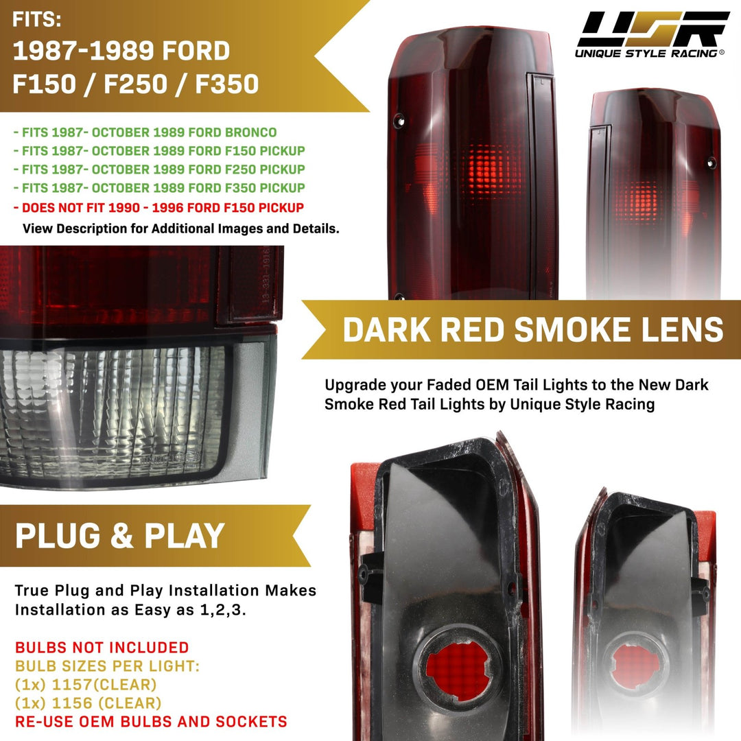 1987-1989 Ford F-150 / F-250 / F-350 & Bronco Dark Red Smoke Lens Tail Light