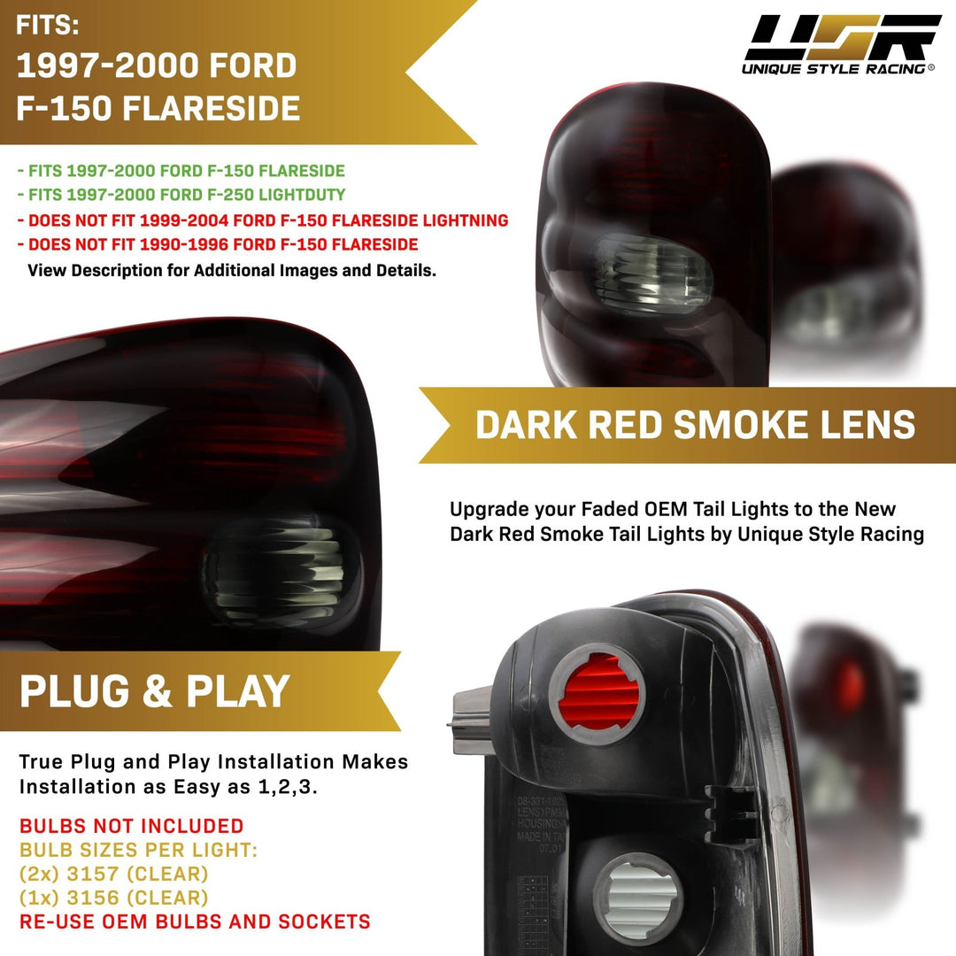 1997 - 2000 Ford F - 150 Step Side Truck & 1997 - 1999 F250 Light Duty Pick Up Tuck Dark Red Smoke Lens Tail Light